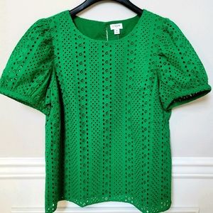 New! J Crew Sz M Eyelet Puff Sleeve Top Kelly Green Cotton Shirt Blouse NWT